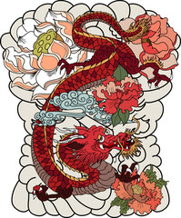 hand drawn Dragon tattoo ,coloring book japanese style.Japanese old dragon with Sunrise.Symbol of chinese dragon illustration on background for T-shirt. Traditional Asian tattoo the old dragon vector.