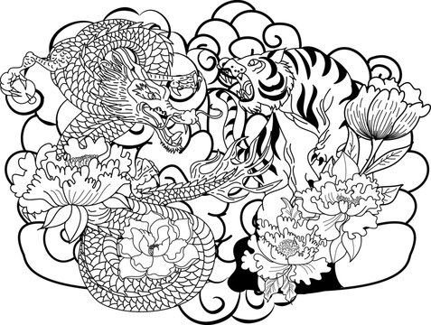 Dragon fighting with tiger tattoo.Dragon and tiger on cloud and red rising sun.Koi fish vector illustration for printing on shirt.Japanese culture for painting on background.