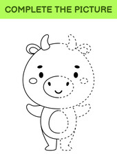 Complete drawn picture of cute bull. Coloring book. Dot copy game. Handwriting practice, drawing skills training. Education developing printable worksheet. Activity page. Vector illustration