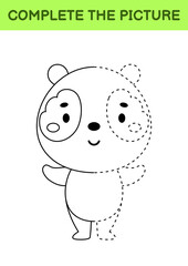 Complete drawn picture of cute panda. Coloring book. Dot copy game. Handwriting practice, drawing skills training. Education developing printable worksheet. Activity page. Vector illustration