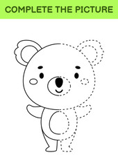 Fototapeta premium Complete drawn picture of cute koala. Coloring book. Dot copy game. Handwriting practice, drawing skills training. Education developing printable worksheet. Activity page. Vector illustration