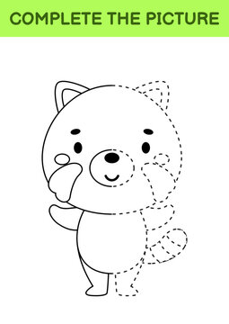 Complete drawn picture of cute red panda. Coloring book. Dot copy game. Handwriting practice, drawing skills training. Education developing printable worksheet. Activity page. Vector illustration