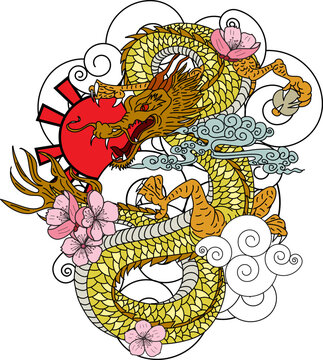hand drawn Dragon tattoo ,coloring book japanese style.Japanese old dragon with Sunrise.Symbol of chinese dragon illustration on background for T-shirt. Traditional Asian tattoo the old dragon vector.