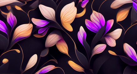 Seamless floral black, purple pattern background.