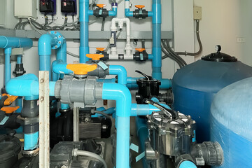 Image background of inside mechanical room of pipeline system for saltwater swimming pool. - 547840581