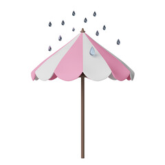 White pink umbrella with raindrop isolated. concept 3d illustration or 3d render