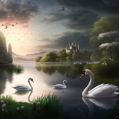 Fototapeta na wymiar Ai generated landscape with swans in a pond/river 