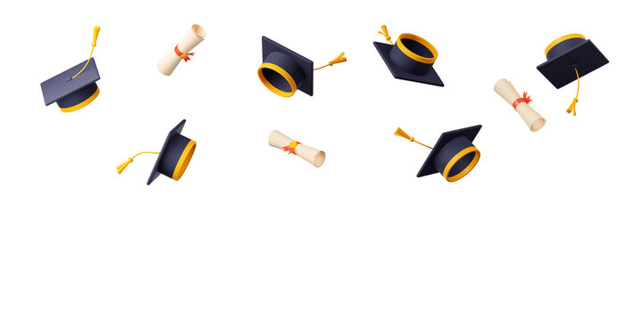 3D illustration of academic caps with golden tassels and diploma scrolls flying in air isolated on white background. School, college, university graduation ceremony. Academic year end celebration