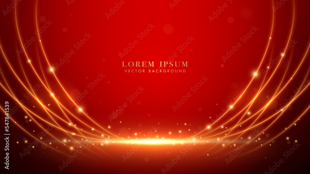 Wall mural golden curve lines, shine dots effect and bokeh on red luxury background. elegant style design templ