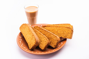 Crispy cake rusk or Delhi toast with masala tea