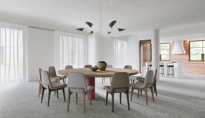 Fototapeta premium Large modern style of dining room , wooden and marble material , daylight from window.3D illustration