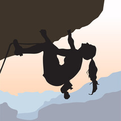 Silhouette of rock mountain climber with any equipment vector illustration