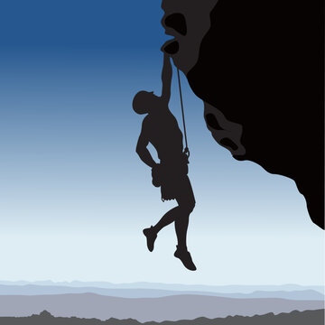 Silhouette of rock mountain climber with any equipment vector illustration