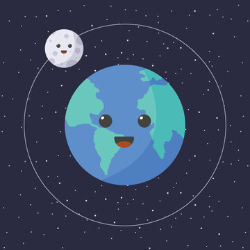 Cartoon illustration of earth and moon with happy face. Cute cartoon kawaii moon and planet earth in flat style vector illustration