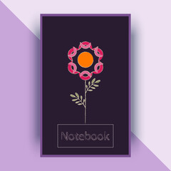 purple notebook cover design with pink flower, purple journal cover diary design card