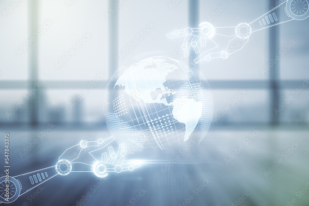 Aufkleber double exposure of abstract virtual robotics technology with world map hologram on empty modern offi