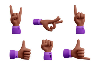 3d render black hand gestures, slit, thumb up, hang or call on mobile phone, protesting fist, pointing up and rock. Male character palm body language elements, illustration in cartoon plastic style - obrazy, fototapety, plakaty