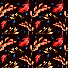 Bright autumn red leaves and spikelet watercolor seamless pattern on dark.