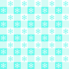 Checkered Christmas pattern with snowflakes. Seamless blue gingham background. Scandinavian winter vichy backdrop. Vector holiday print