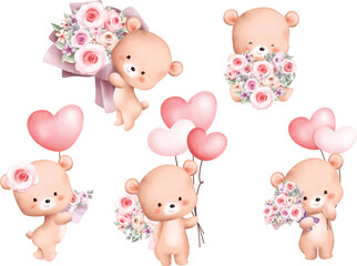 Watercolor Illustration set of cute teddy bear with bouquet and balloons