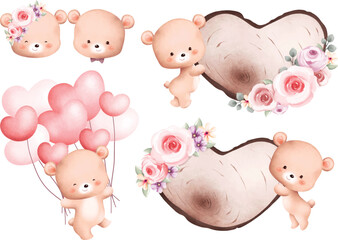 Watercolor Illustration set of cute Valentine teddy bears