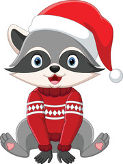 Cartoon raccoon in sweater and santa hat