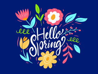 Hello spring hand drawn colored lettering and flowers set.