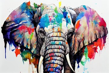 isolated elephant watercolour splashes with ink painting, llustration art