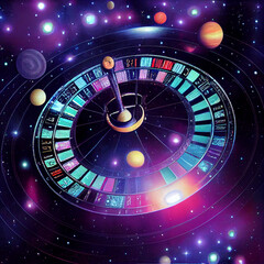 Roulette table as a galaxy out in space, planets orbit nearby and nebulae fill out the background