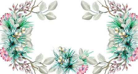Christmas board of coniferous branch, needles watercolor illustration isolated on white.