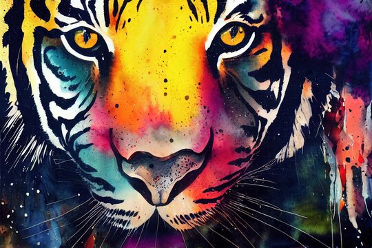 isolated tiger watercolour splashes with ink painting, llustration art