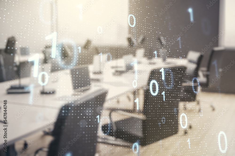 Aufkleber Abstract virtual binary code sketch on a modern furnished office interior background, hacking and matrix concept. Multiexposure
