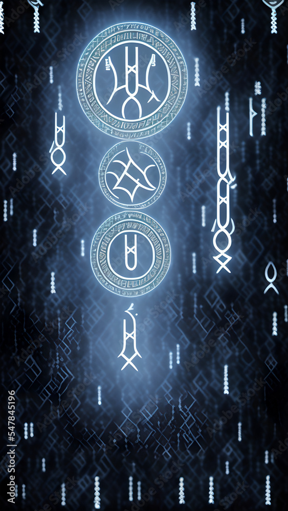 Wall mural Abstract rune and arcane magic occult symbol background. Mystical mythical typography signs. North/Norse Viking runes as binary code. Web and network matrix, big data