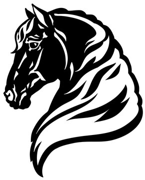 head of a horse. Side view. Logo, emblem, icon, tattoo. Black and white