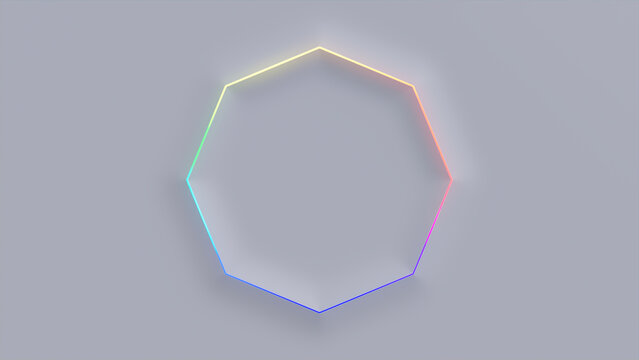 White Surface with Embossed Shape and Rainbow Illuminated Edge. Tech Background with Neon Octagon. 3D Render.