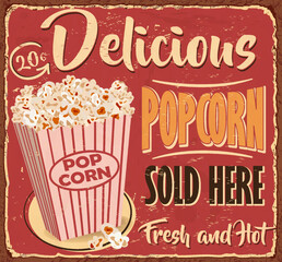 Vintage Popcorn metal sign.Retro poster 1950s style.