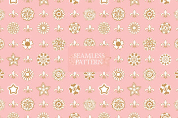 Fototapeta na wymiar Golden floral vector geometric round shape delicate abstract seamless repeat pattern on a pink background