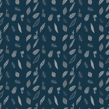 Blue and Gray modern leaves texture seamless pattern earth tone hand drawn vector image