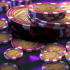 Obraz premium Futuristic casino with croupier tables, roulette wheels, card dispensers and poker chips.