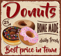 Vintage Donuts metal sign.Retro poster 1950s style.
