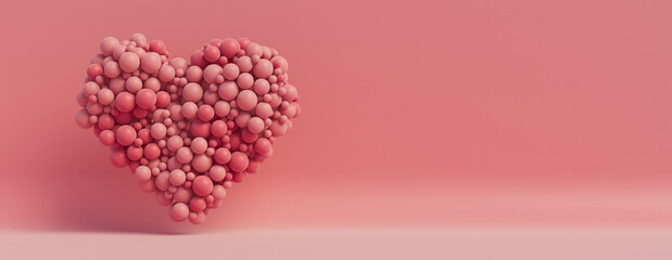 Balloon Love Heart. Pink Balloons arranged in a heart shape. 3D Render with copy-space. 