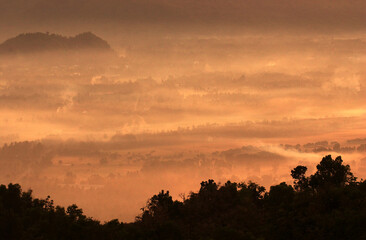Landscape with sunrise in a village in Pacitan near the south coast of Java Island, Indonesia