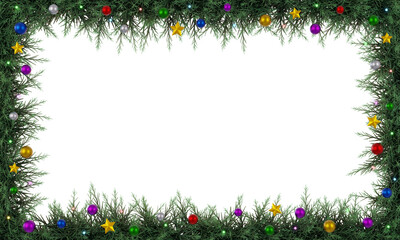 Christmas horizontal frame decorated with colorful balls and glowing lights. Realistic rendering.