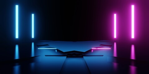 3d rendering of spaceship corridor neon glowing blue purple background futuristic. Cyberpunk concept. Scene for advertising, showroom, technology, future, modern, sport, metaverse. Sci Fi Illustration