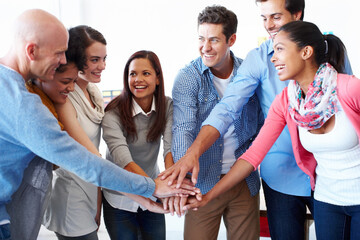 Partnership, hands and business people collaboration in trust huddle for meeting, vision and planning. Diversity, teamwork and hand connection in support of mission, idea and goal by happy workforce