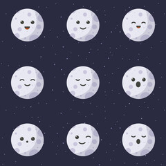 Cute cartoon character of moon. Set of cute cartoon planets with different emotions. Vector illustration