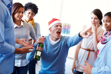 Bad, office and party with business team looking uncomfortable by colleague drunk behaviour in...