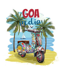 GOA,India typography for t-shirt print with beach,palm and retro scooter.Vintage poster. - obrazy, fototapety, plakaty