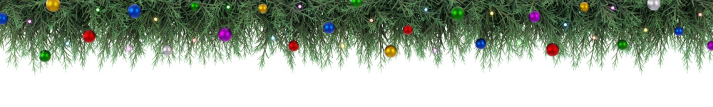 Christmas wide banner decorated with colorful balls and glowing lights. Realistic rendering.