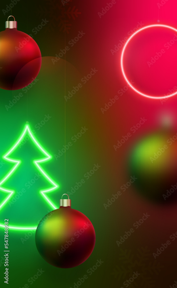 Sticker festive xmas vertical banner. hanging christmas balls reflecting bright glow of neon lamps. motion b